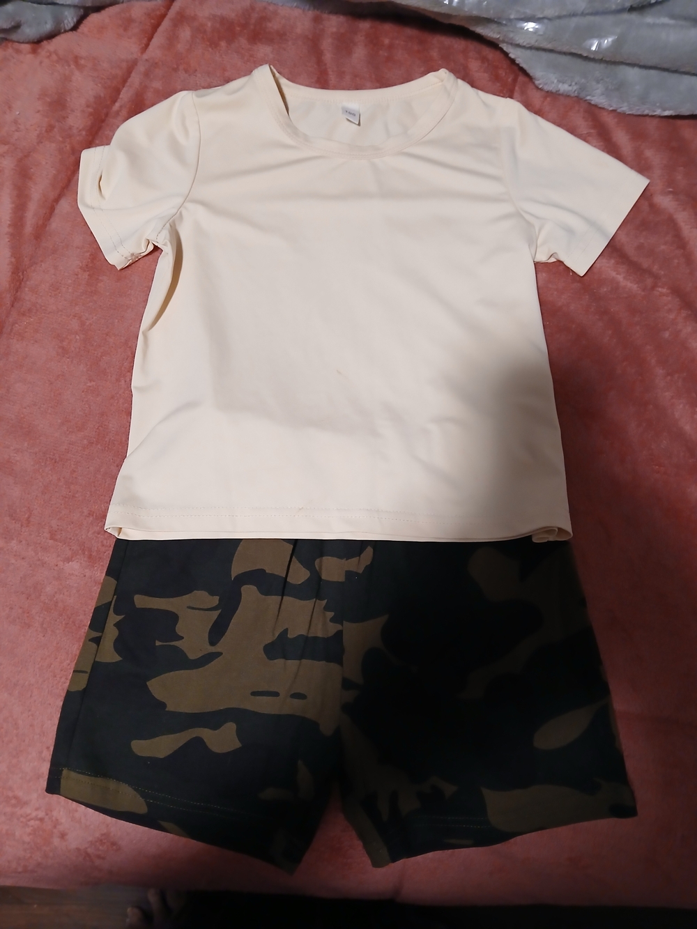Cream Short Sleeve Top with Camouflage Shorts